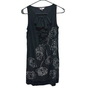 Halston Black Silk Floral Dress Sleeveless Romantic Ruffle Cocktail Party‎ S